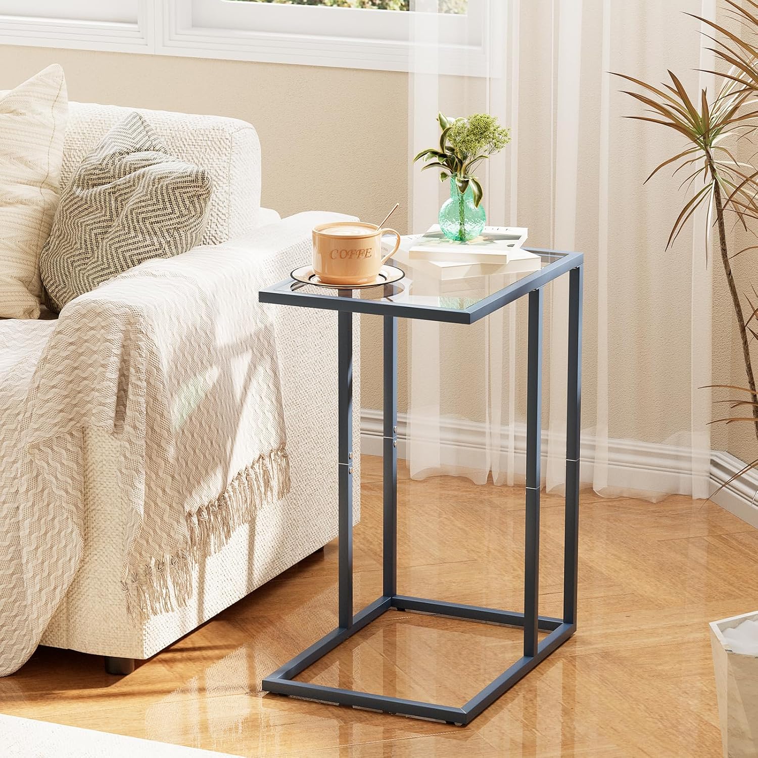 Easy Paws C Table End Table Set of 2, Glass Couch Side Table, Tempered Glass Snack Table with Metal Frame, TV Tray Table for Small Space, Sofa Couch Side Tableand Bed Side Table(Blue)