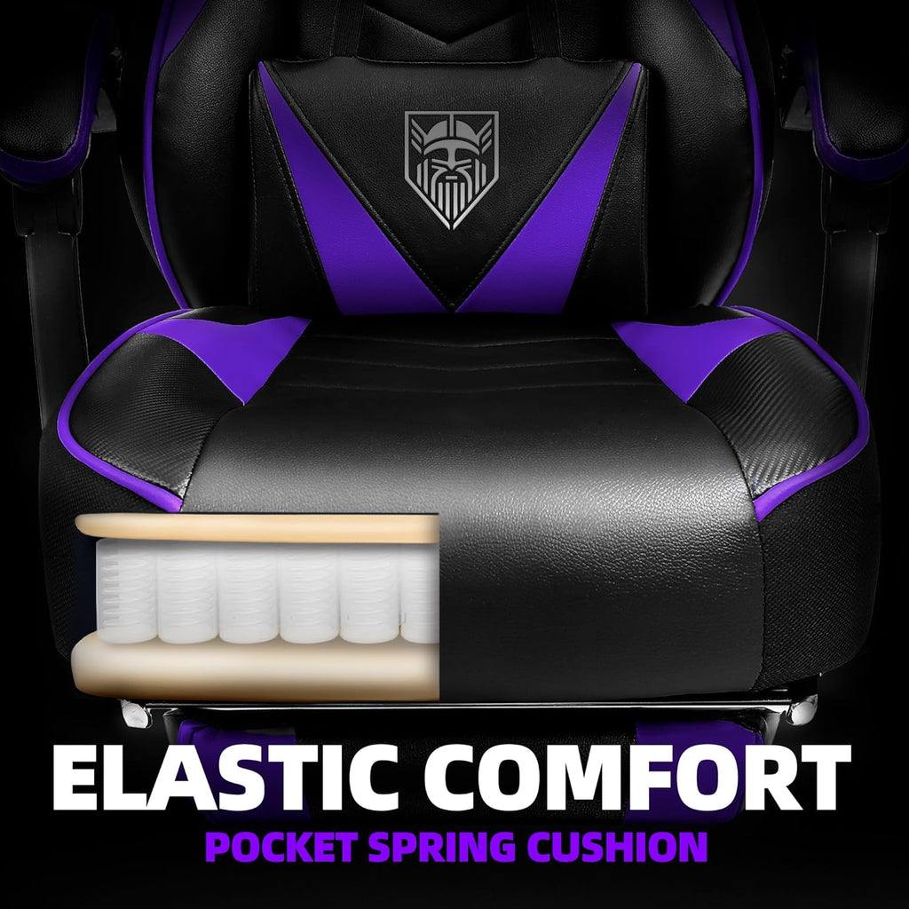 Vonesse Gaming Chair, High Back Gaming Chair with Footrest and Massage, Gaming Chairs for Adults with Pocket Spring Cushion, Big and Tall Reclining Computer Chair with Lumbar Support (Purple/Black)