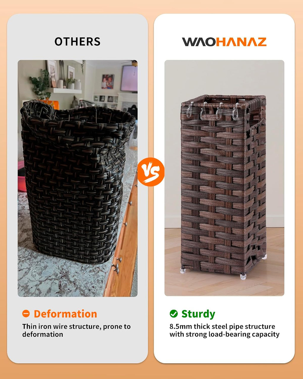 Rattan Umbrella Stand, Umbrella Holder for Entryway, Hand Woven Umbrella Rack Organizer Freestanding, with a Detachable Drip Tray, 4 Hooks, 6.5" L x 6.5" W x 16.5" H, Brown
