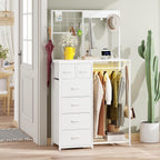 YAOHUOO Dresser with 6 Drawers and Hanging Rack, White | 6 Drawer Dresser, Hanging Rack, Charging Station, LED Light, Shoe Rack, Side Hooks, Entryway, Bedroom