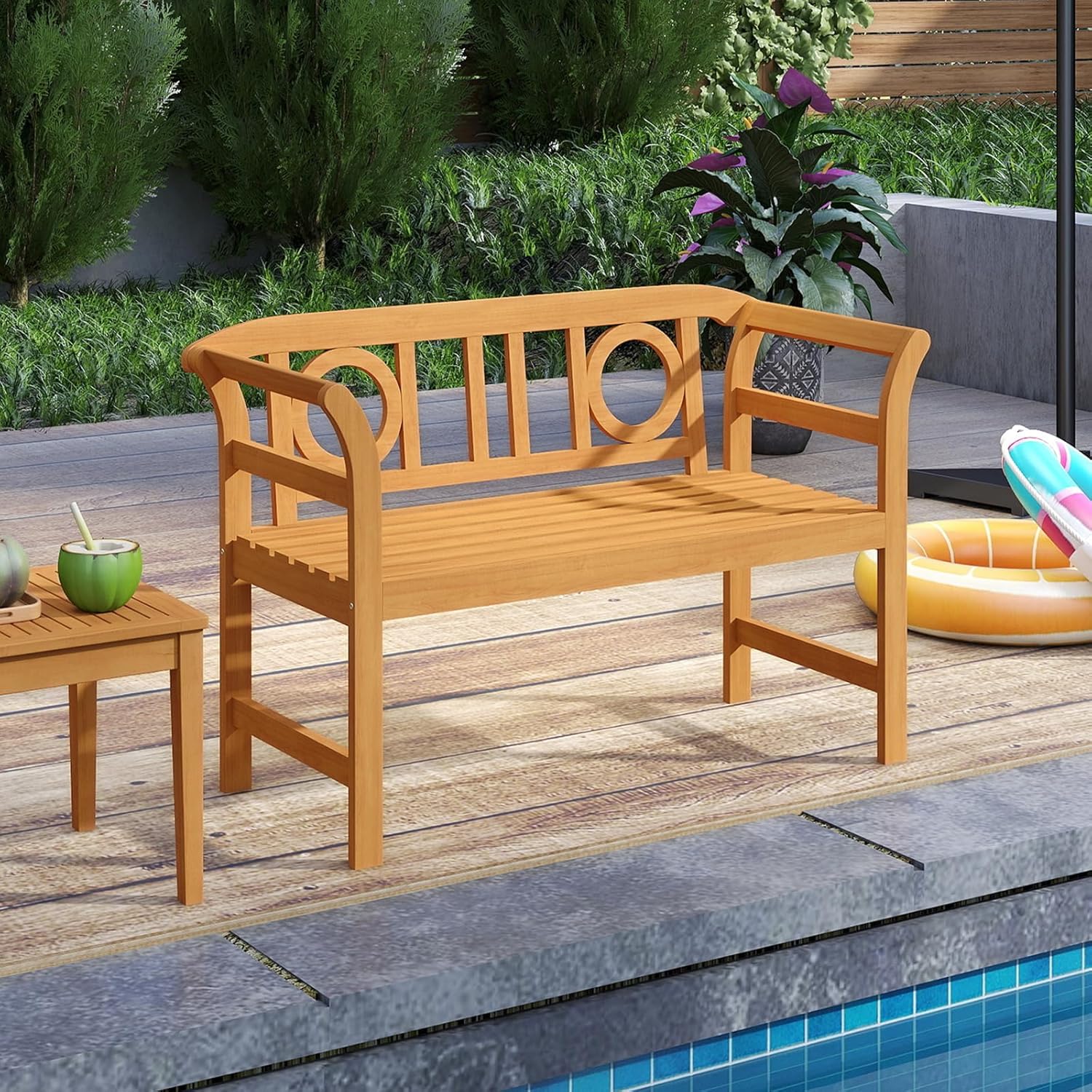 Tangkula Acacia Wood Outdoor Bench with Backrest, 2-Person Patio Wood Bench with Curved Armrests, Slatted Seat, Garden Bench Loveseat for Park, Yard, Lawn, Patio, 800 LBS Max Load
