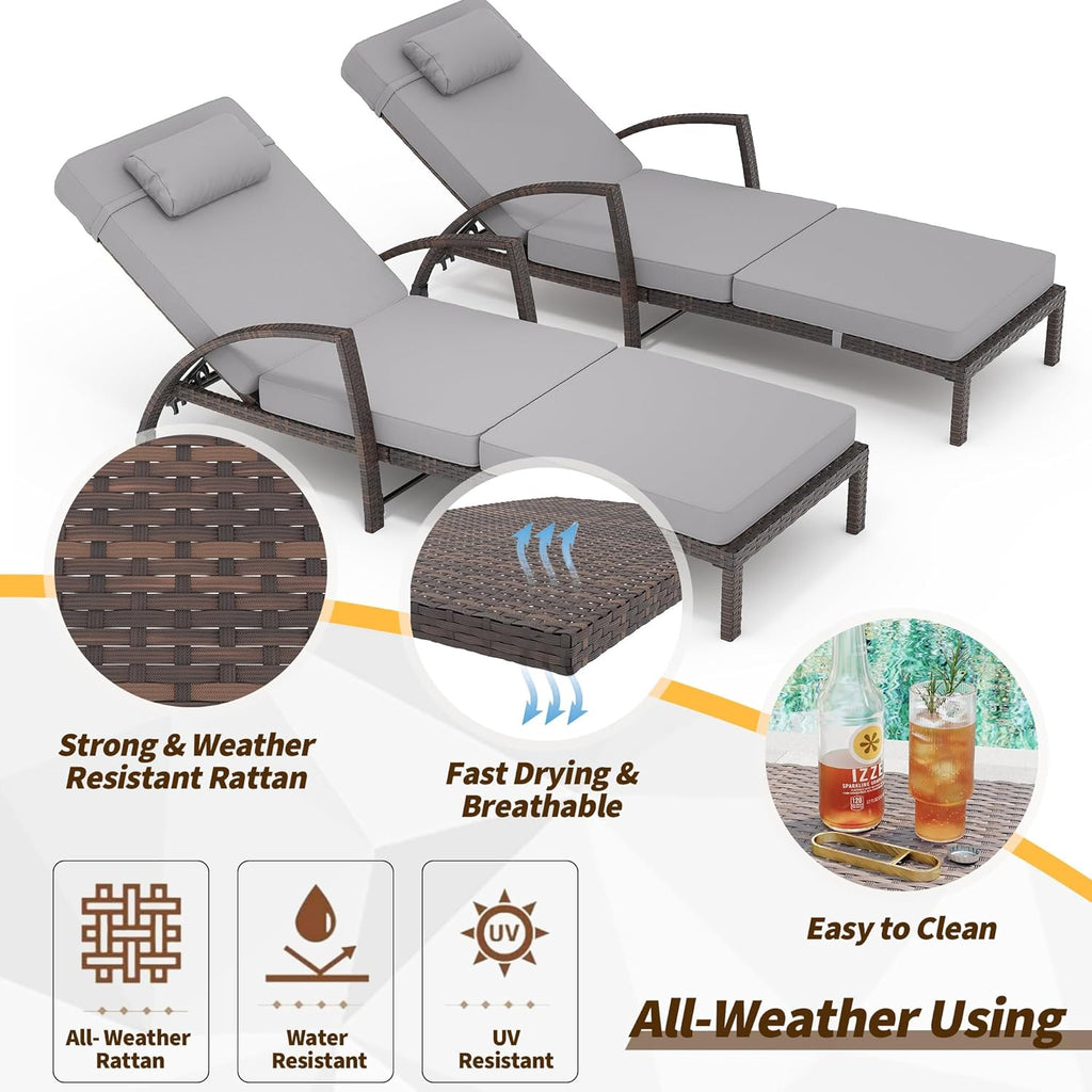 GAOMON Outdoor Lounge Chairs Set of 2, PE Rattan Wicker Chaise Lounge with Cushions and Wheels, Adjustable 5-Position, Patio Lounge Chairs for Outside Poolside Beach, Backyard Relaxation