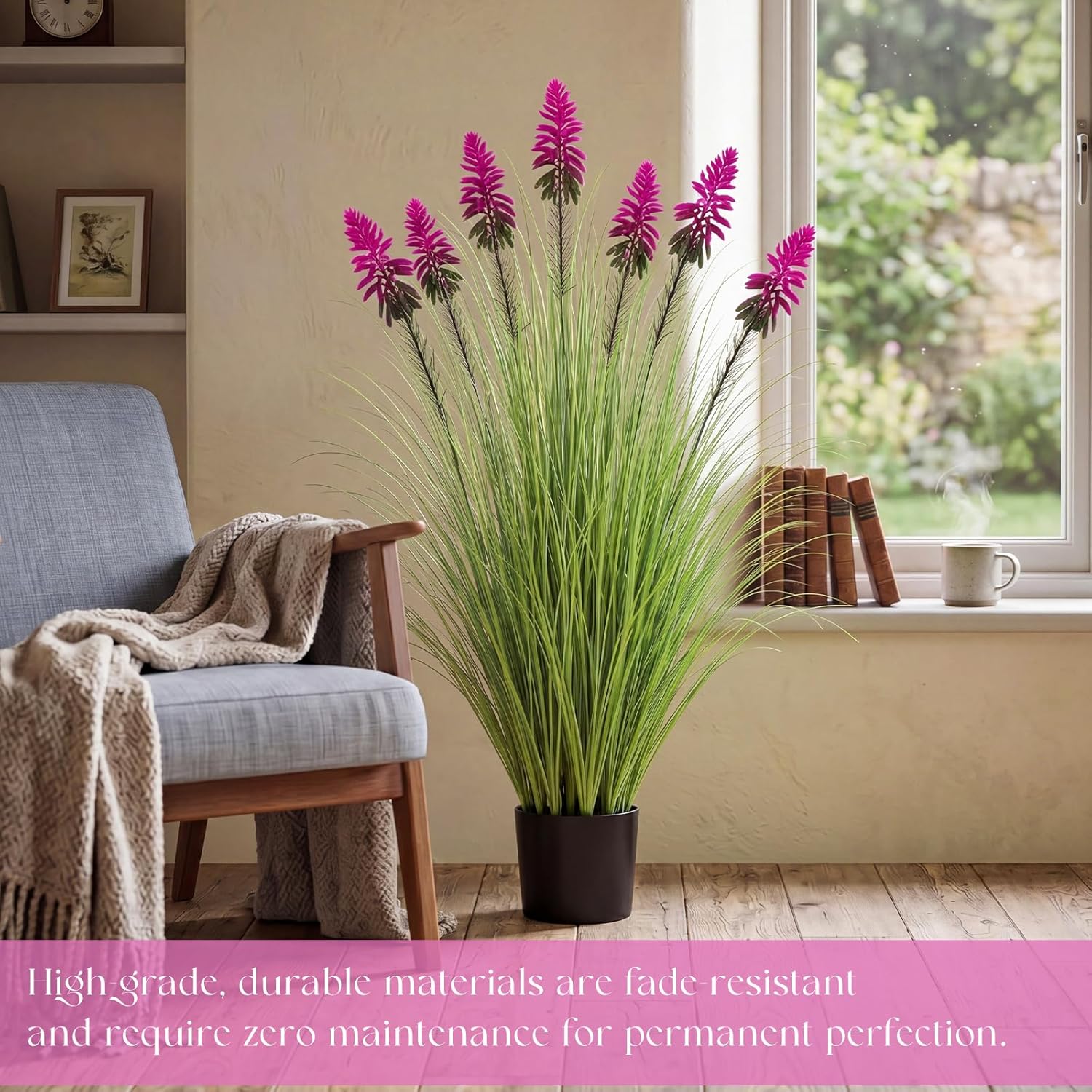 Jexine 2 Pieces 4 ft Artificial Tall Grass Plants Outdoor with Plum Cockscomb Flower Tall Artificial Grass Green Onions Plant Potted for Housewarming Gift House Garden Lobby Outdoor