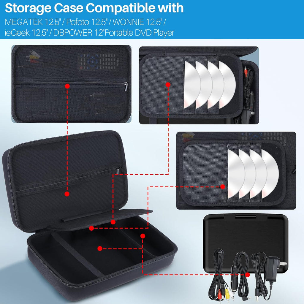 Lebakort Storage Case Compatible with MEGATEK 12.5" / Pofoto 12.5" / WONNIE 12.5" / ieGeek 12.5" / DBPOWER 12" Portable DVD Player (Black, for 12-12.5 Player)