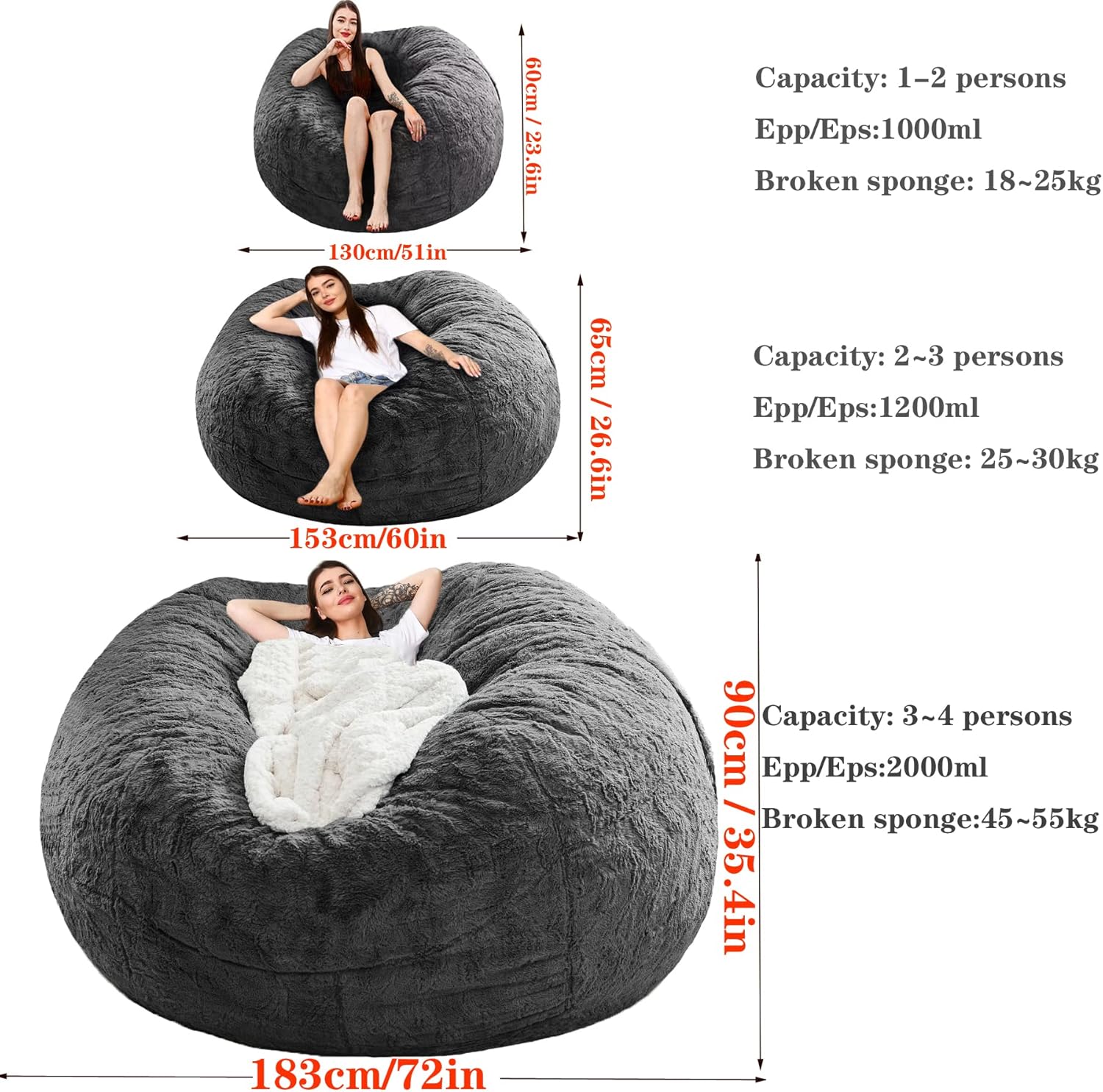 Bean Bag Sofa Cover Snow Coffee 7FT (D180*H90cm) Only Cover Skin Friendly Soft Comfortable Warmful