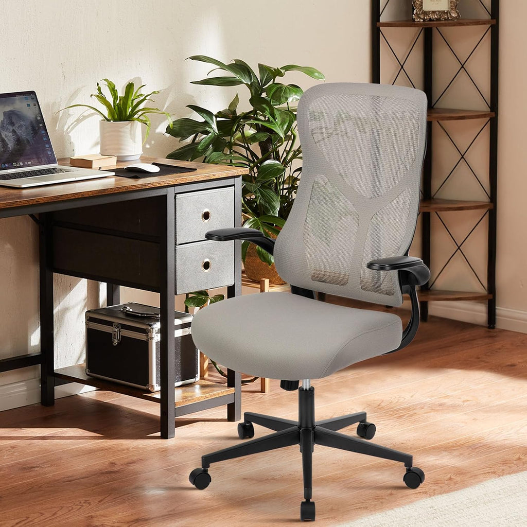 DUMOS Home Office Desk Chair - Ergonomic High Back Mesh Computer Task Chair with Comfy Flip-up Armrests, Swivel Adjustable Height with Wheels, Comfortable Lumbar Support, for Adults, Gery