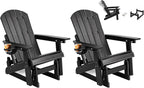 Outdoor Glider Adirondack Chairs with Cup Holder Set of 2, HDPE Patio Glider Rocker with 3-Position Adjustable Backrest, All-Weather Porch Glider Rocking Chair for Yard (Black)