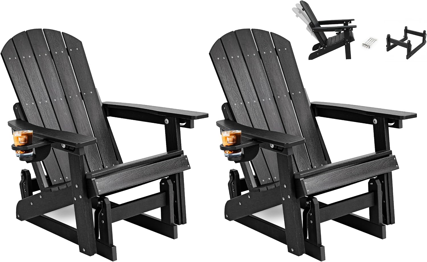 Outdoor Glider Adirondack Chairs with Cup Holder Set of 2, HDPE Patio Glider Rocker with 3-Position Adjustable Backrest, All-Weather Porch Glider Rocking Chair for Yard (Black)