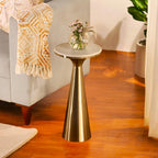 Modern White Marble Top Accent Drink Table with Brushed Gold Nickel Pedestal Base, Boho Circle Table, Decorative End Table, Use as Small Plant Stand for Living Room, Bedroom, or Entryway,Assembled