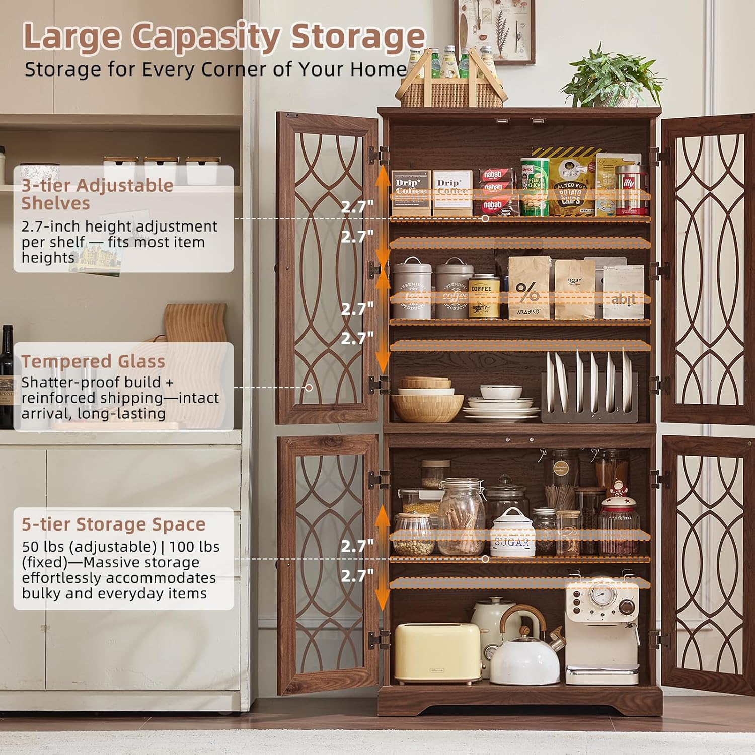 Joaxswe 67" Tall Pantry Cabinet, Wood Kitchen Pantries Cabinets with Glass Doors & Adjustable Shelves, Freestanding Vintage Cupboard with Large Storage for Dining Room, Bathroom, Brown