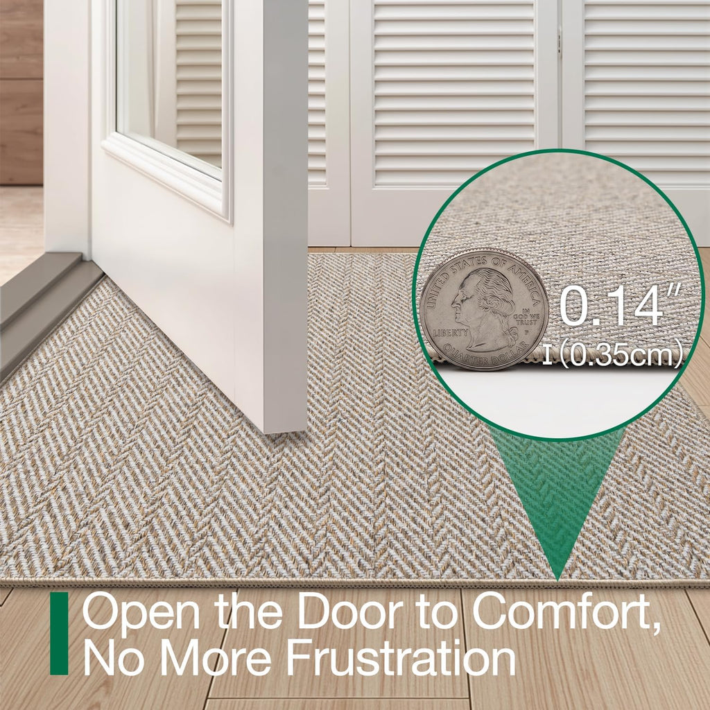 LUMI Ultra Thin Indoor Door Mat for Entrance 24"x36", Non Slip Entryway Mat, Low Profile Doormat, Unique Herringbone Design Carpet for Inside, Patio, Porch, Beige