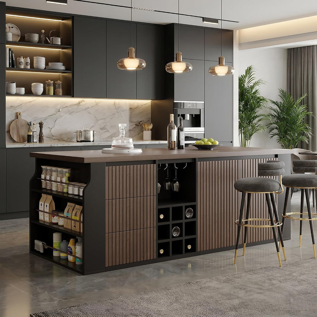 70.8 Inch Modern Multifunctional Kitchen Island Tabletop Home Bar with 3 Drawers, Wine Rack, Glass Cup Holder Adjustable Dividers for Kitchen Dining Room Family Party