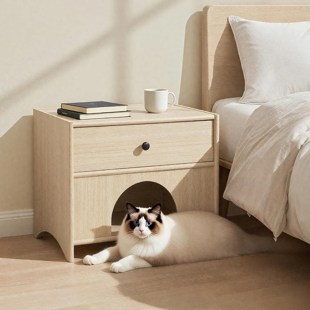2-in-1 Nightstand with Drawer Wooden Cat Bed End Table, Modern Cat Bedside Table Hideaway Small Side Table for Living Room Bedroom