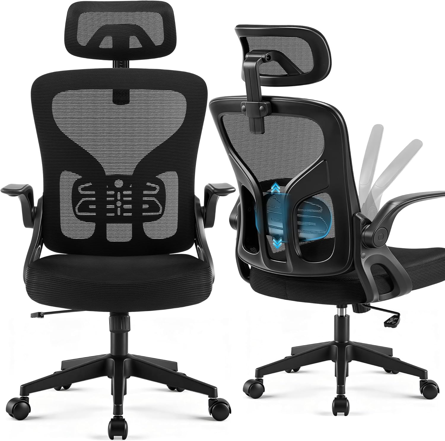 Office Chair Ergonomic Desk Chair with Adjustable Headrest Lumbar Support, High Back Breathable Mesh Chair with 120° Tilt & Flip-Up Armrests, Swivel Comfy Task Computer Chair for Work, Study