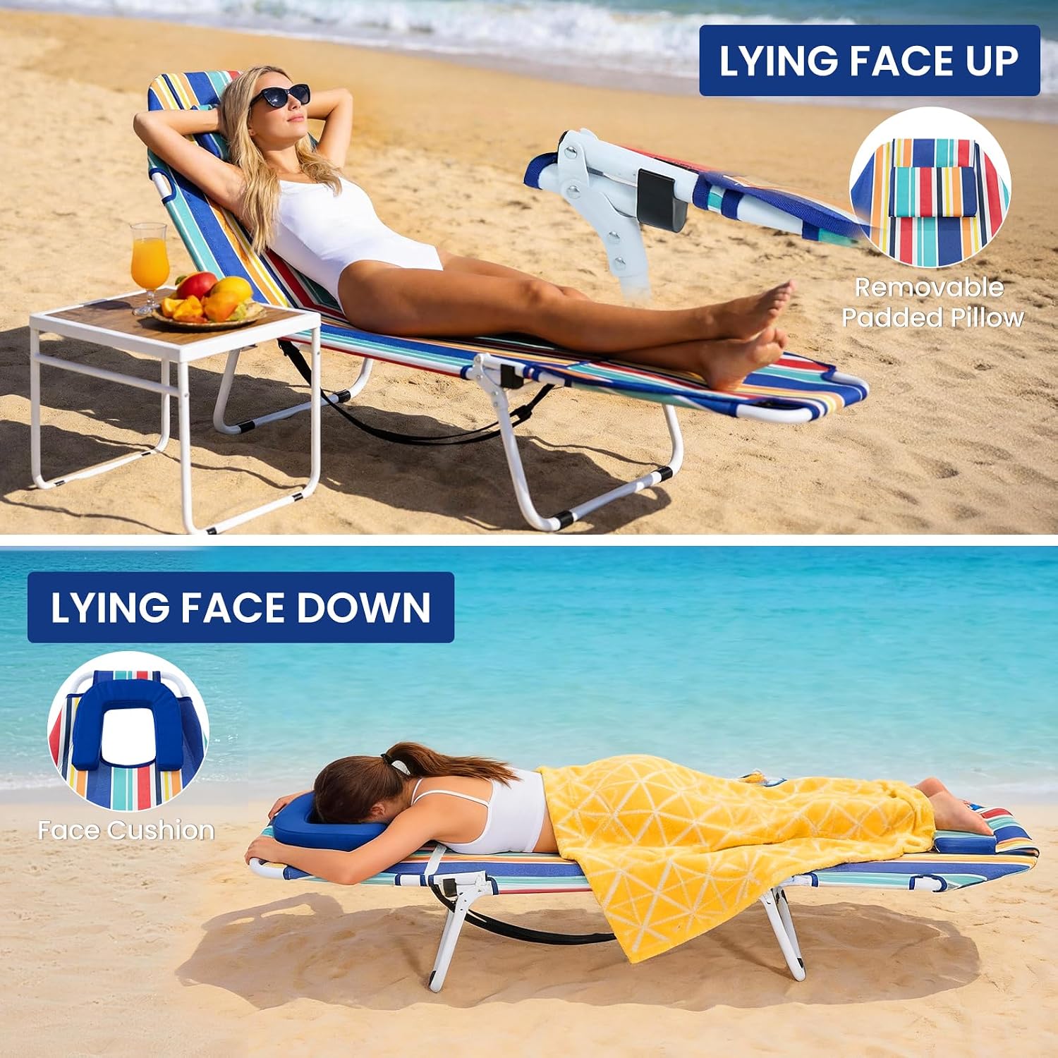 LILYPELLE Folding Chaise Lounge Chair with Mattress, 5 Position Beach Chair with Face Hole, Patio Chaise Lounge Chairs for Outside, Sunbathing, Camping, Pool, Beach, Poolside