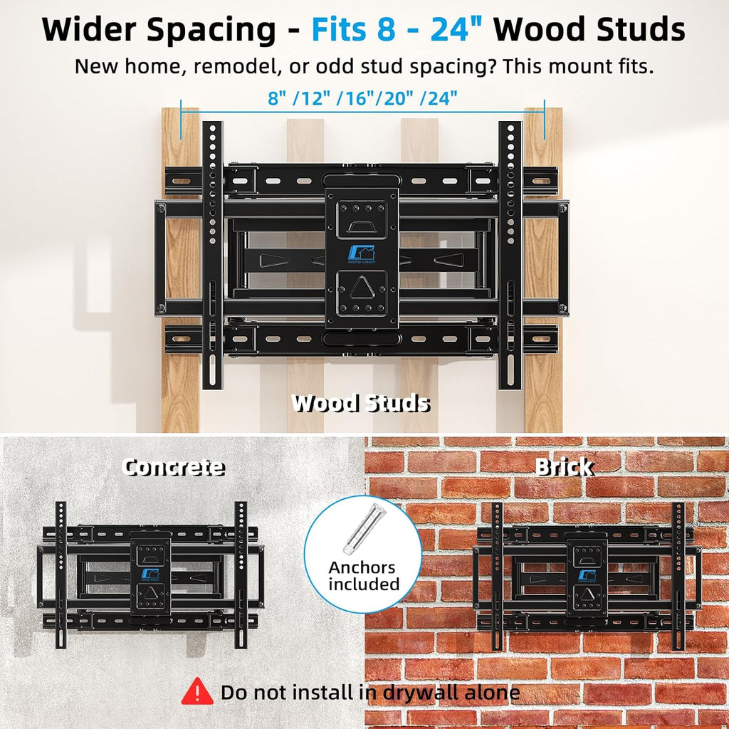 HOME VISION Full Motion Articulating TV Wall Mount for 37-90 Inch TVs up to 176 lbs, Fits 24" Wood Studs (8-24"), Heavy Duty TV Bracket & Mounts, Extendable Arm & Swivel Tilt Level, Max 600x400mm VESA