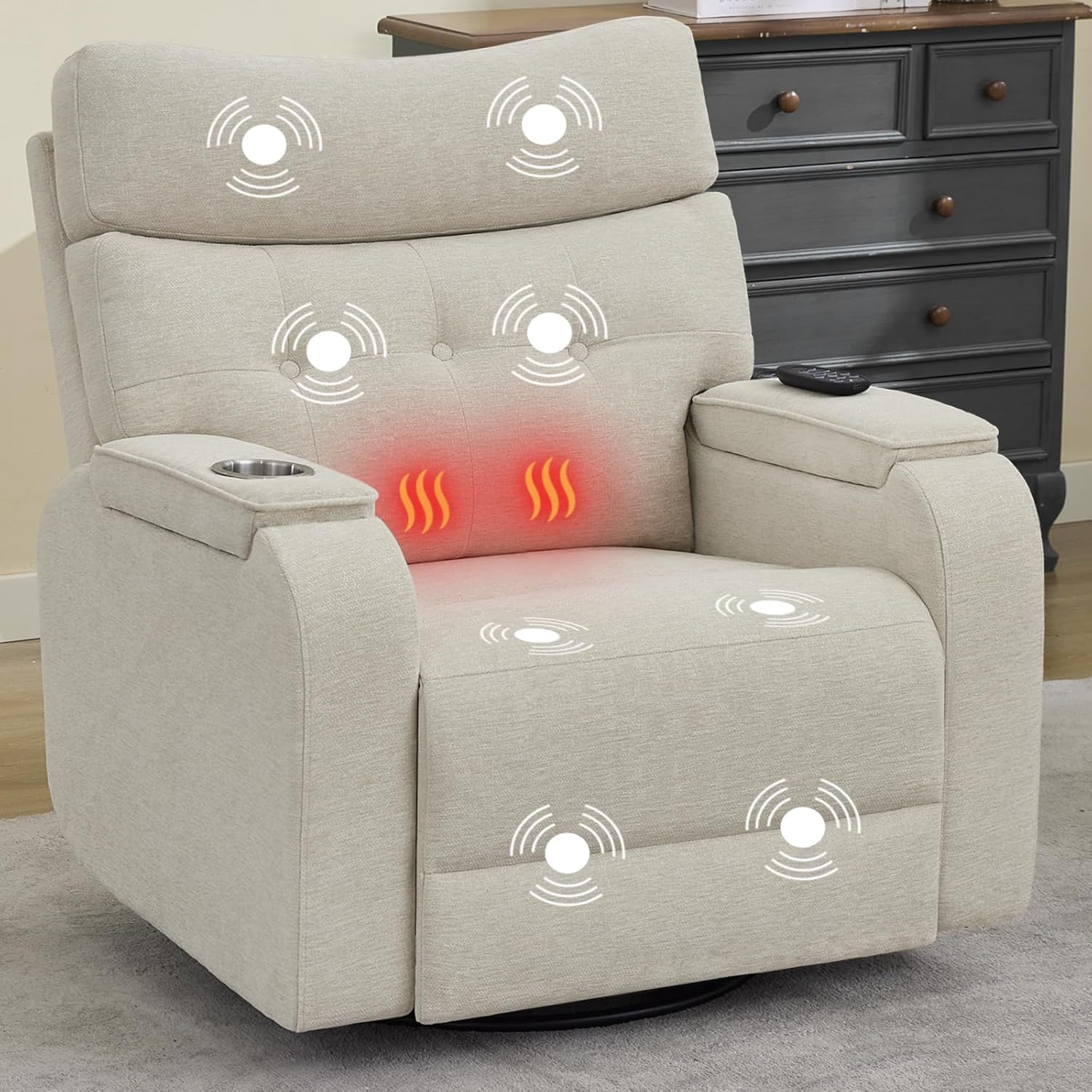 Power Swivel Rocker Recliner with Massage & Heat, Power Glider Recliners with Type-C Port & Timing, Oversized Swivel Glider Recliner with Dual Storage Arms & Cup Holder, Chenille Camel