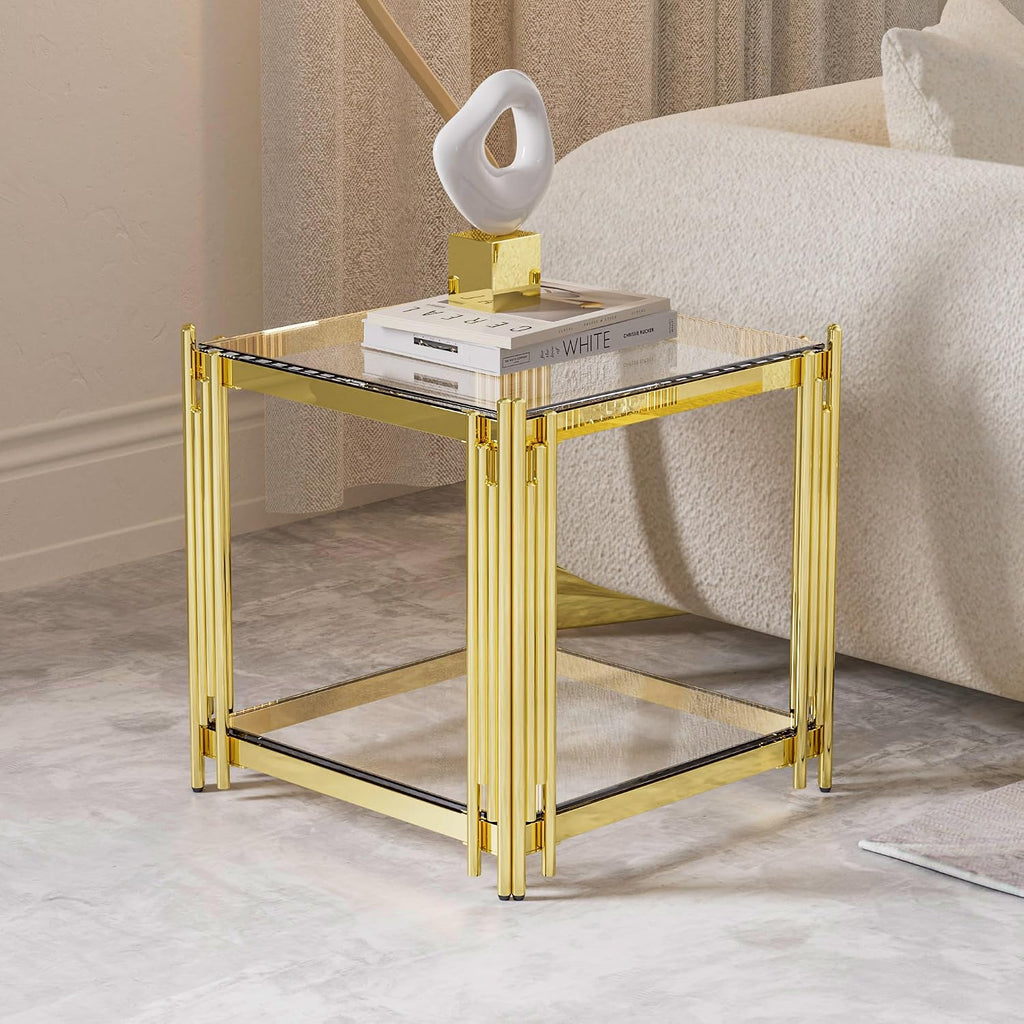 Luxury Gold Square Glass End Table, 19.7" Modern Side Table with Stainless Steel Irregular Leg Clear Tempered Glass Tabletop, Accent Furniture for Living Room (Clear, Set of 2)