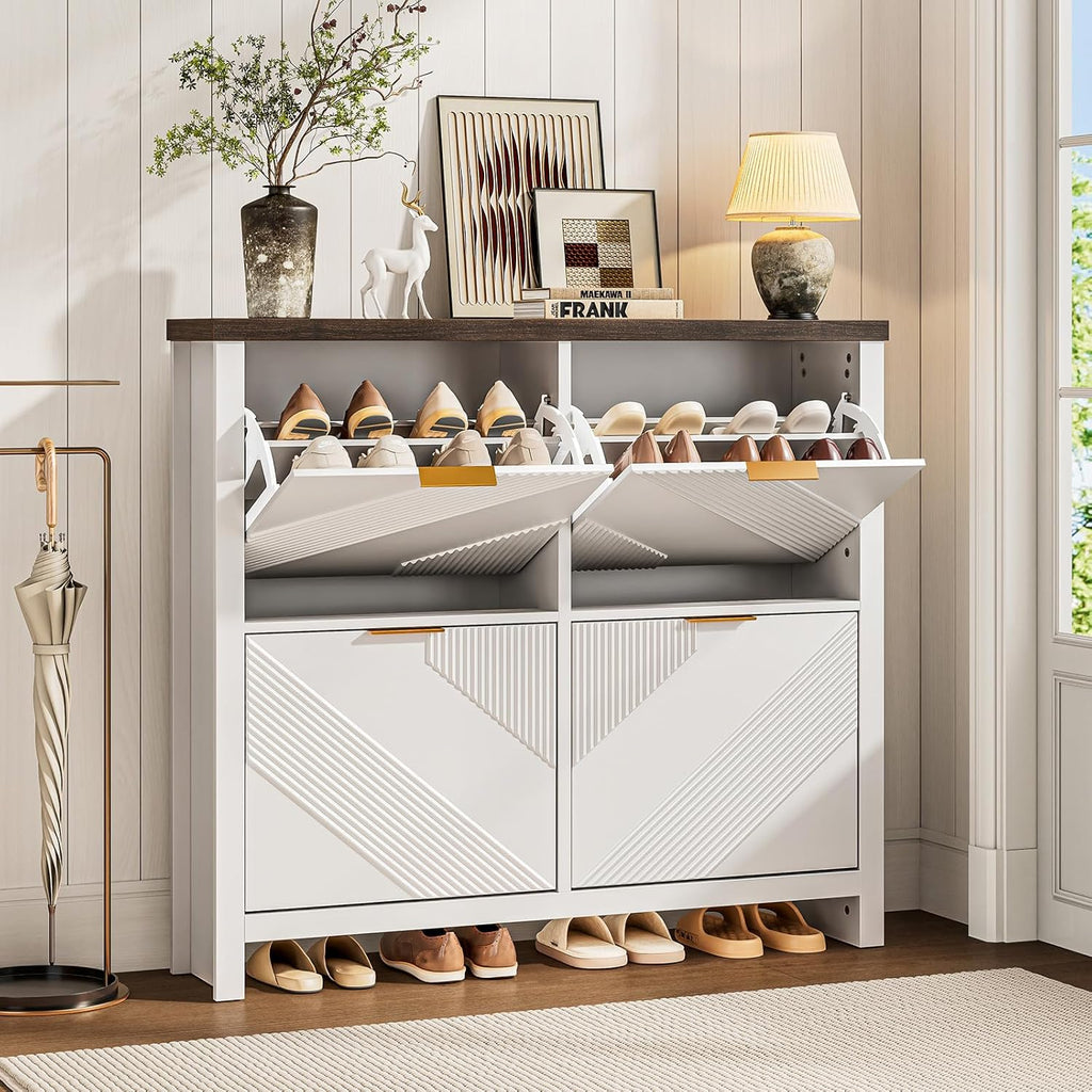 ONBRILL Shoe Cabinet with 4 Flip Drawers, 16-24 Pairs Shoe Organizer with Symmetric Groove Pattern, Freestanding Slim Hidden Shoe Storage Cabinet for Entryway, Hallway (White)