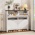 ONBRILL Shoe Cabinet with 4 Flip Drawers, 16-24 Pairs Shoe Organizer with Symmetric Groove Pattern, Freestanding Slim Hidden Shoe Storage Cabinet for Entryway, Hallway (White)