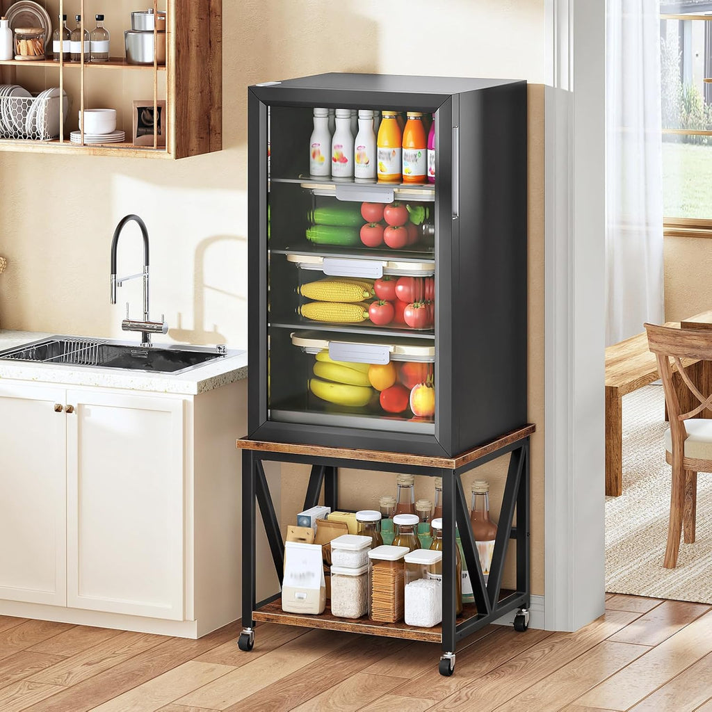 HOOBRO Mini Fridge Stand with 2-Tier Storage Shelf, 19.7” Square End Table, Mini Fridge Table with Wheels and Adjustable Feet, Sturdy Metal Frame for Living Room, Bedroom, Rustic Brown BF01BX01