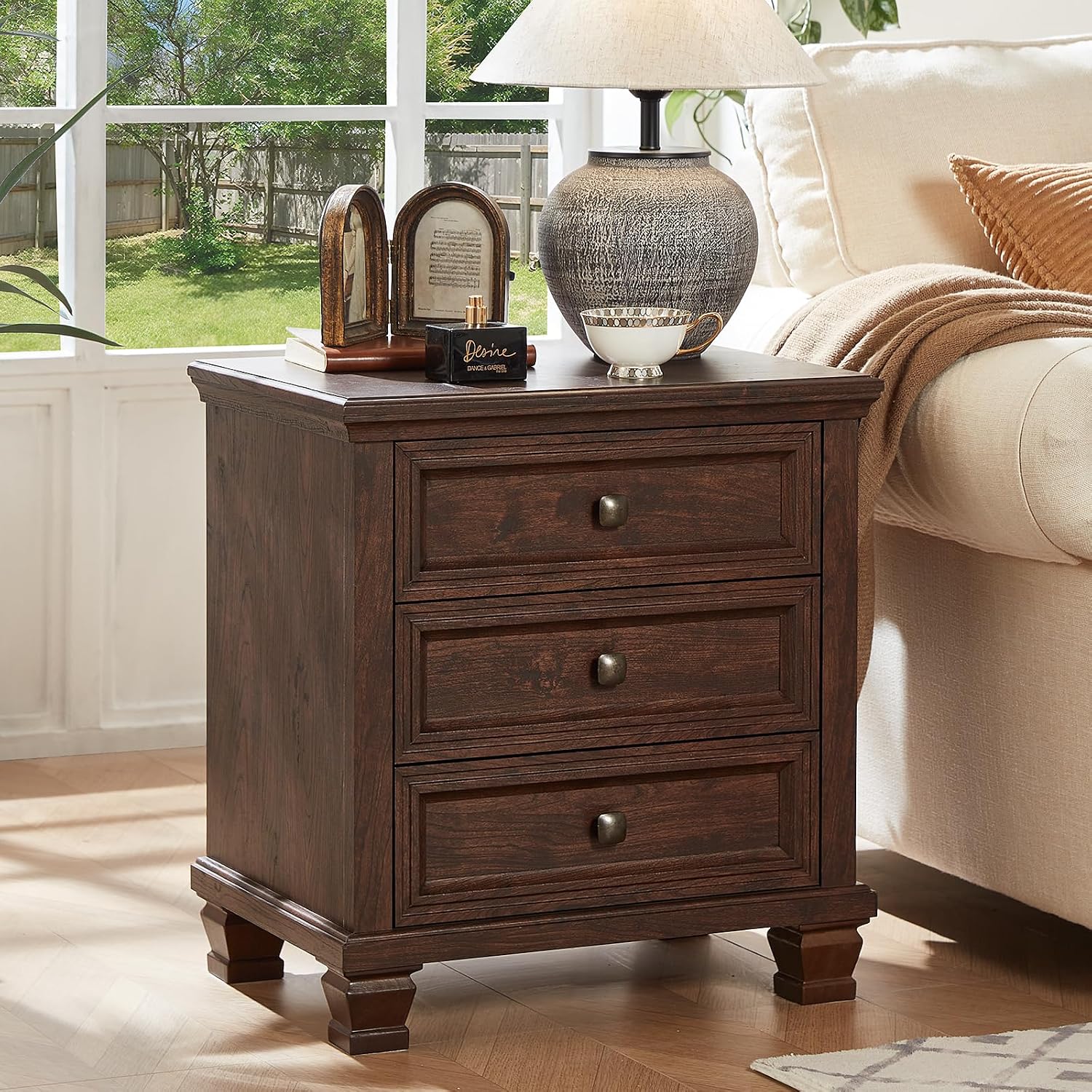 SAVOR LIFE 3-Drawer Nightstand Set of 2 with Solid Wood Legs,Walnut | Pair of three-drawer bedside tables with sturdy square wood legs for matching bedroom storage or living-room end tables