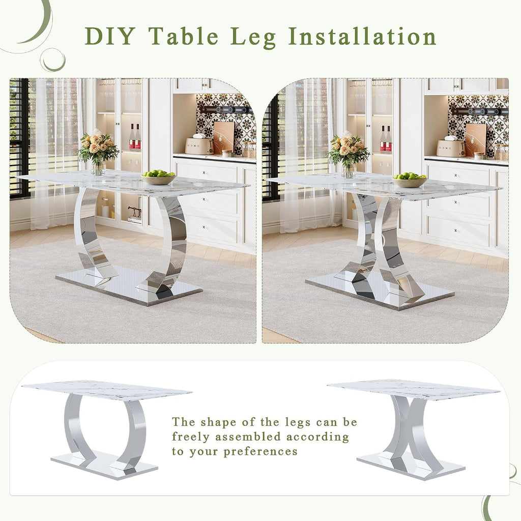 Modern Dining Table Set for 6, 63 Inch White Faux Marble Dining Room Table with Silver Leg, Rectangular Kitchen Table with 6 Grey Chairs for Kitchen Apartment Restaurant