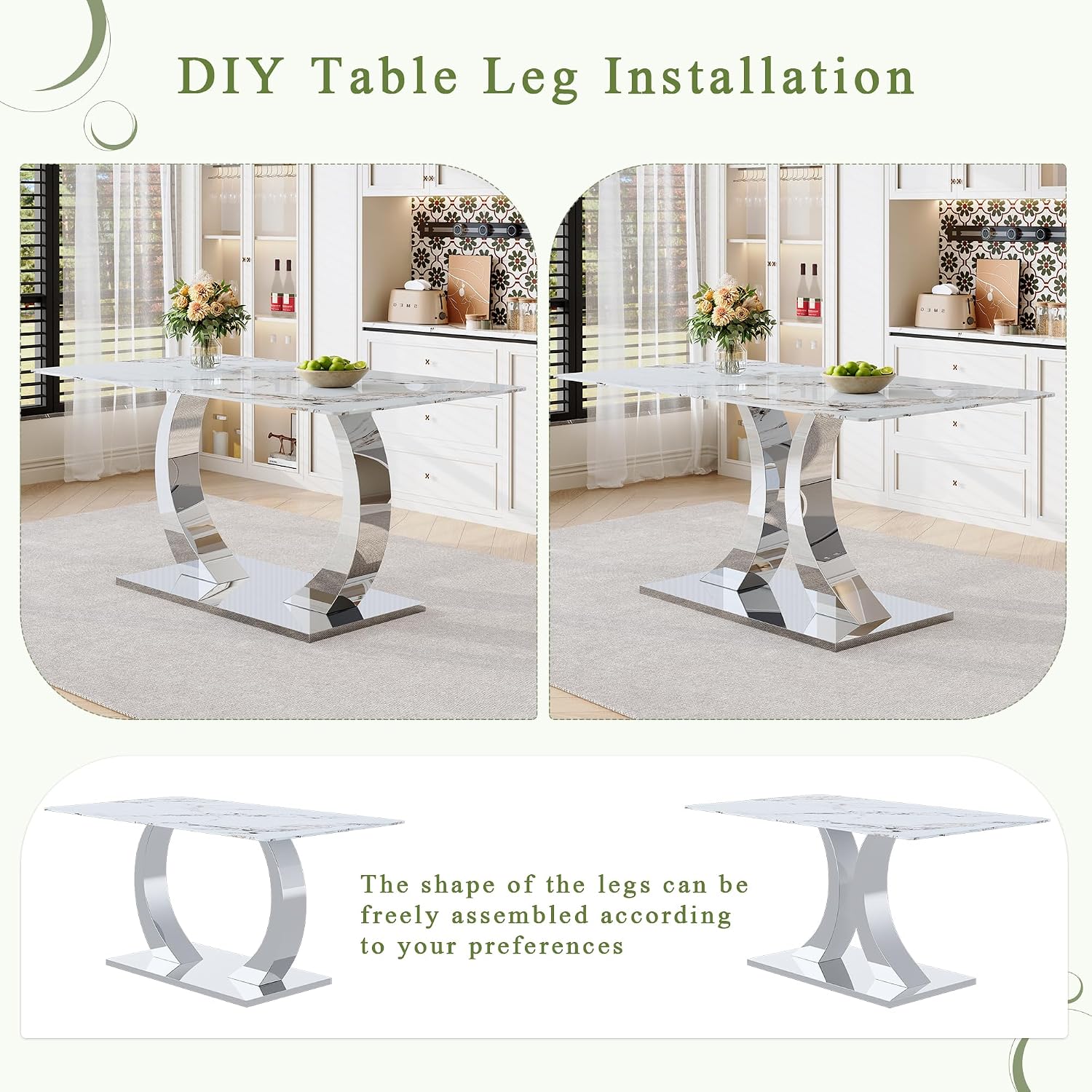Modern Dining Table Set for 6,63'' Dining Room Table Set for 6 with Chairs,Rectangular Kitchen Table with Faux Marble Tabletop and DIY Chrome Legs,Glass Dining Table Set Ideal for Dining Room