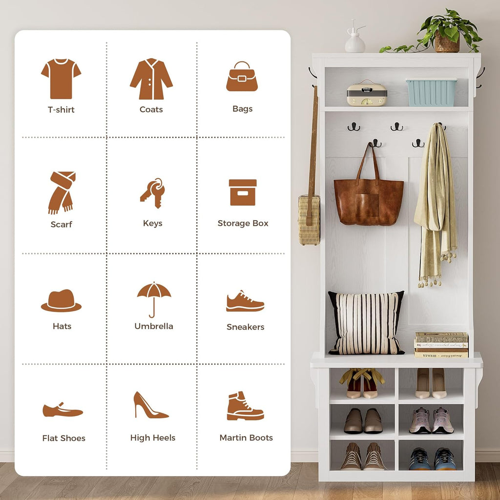 IRONCK Hall Tree with Bench and Shoe Storage, 6-in-1 Entryway Bench with Coat Rack, Adjustable Shelf, Hanging Hooks, 6 Shoe Cubbies, 2-Tier Top Storage, for Entryway, Bedroom, Living Room, White