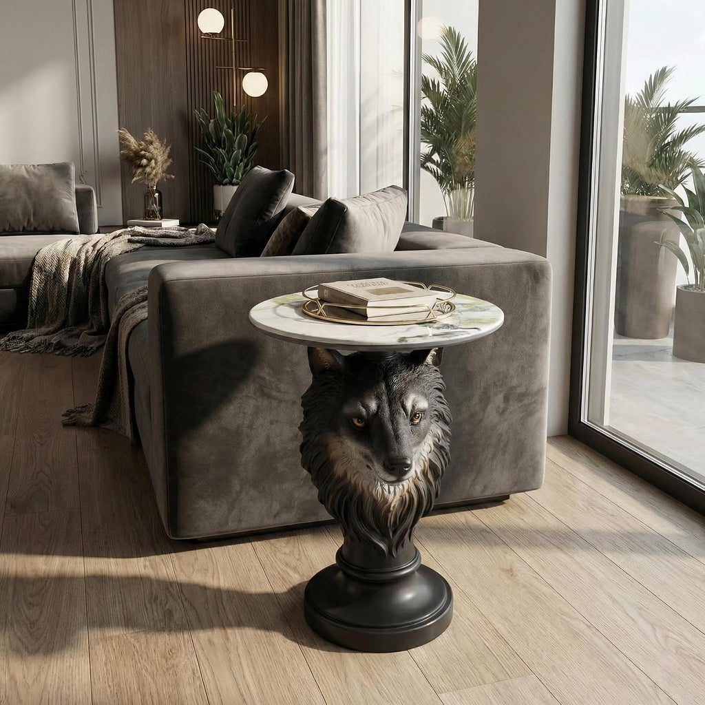Modern Wolf Head Side Table, Artistic Animal Sculpture End Table with Faux Marble Top, Unique Fiberglass Accent Table for Living Room & Bedroom, Ideal Gift for Wolf Lovers (Realistic)