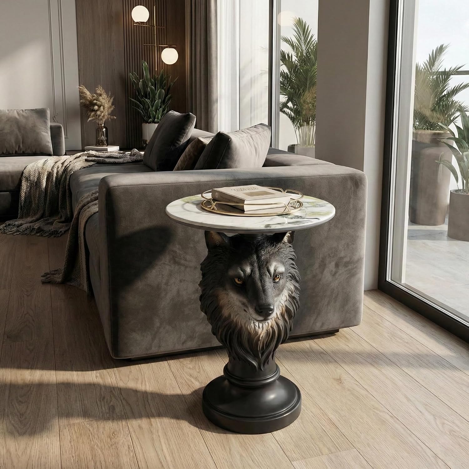 Modern Wolf Head Side Table, Artistic Animal Sculpture End Table with Faux Marble Top, Unique Fiberglass Accent Table for Living Room & Bedroom, Ideal Gift for Wolf Lovers (Realistic)
