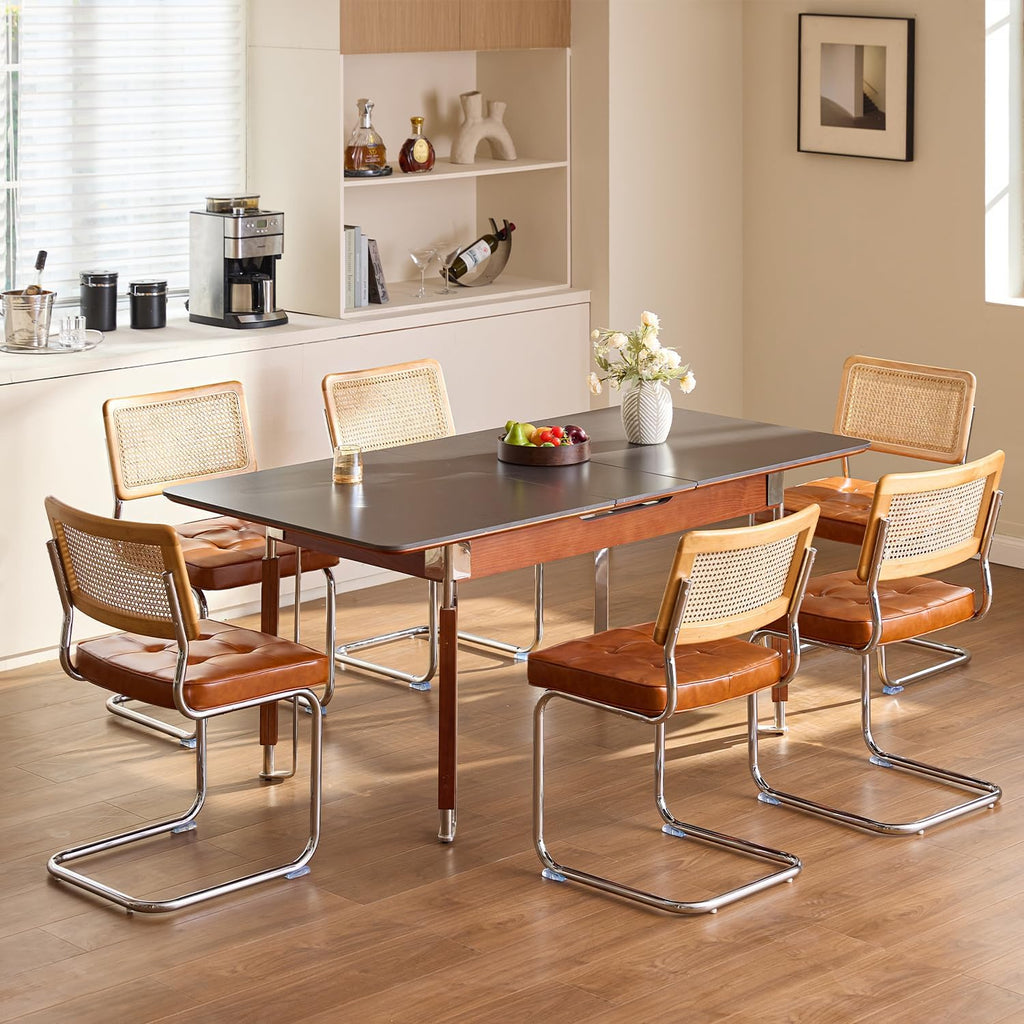 GrandNoor Rattan Dining Chairs Set of 4, Faux Leather Mid Century Modern Dining Room Chairs, Mesh Back Cane Kitchen Chair, Cesca Design Chairs with Metal Chrome Legs, Brown Leather