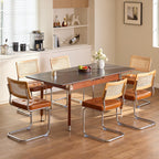 GrandNoor Rattan Dining Chairs Set of 4, Faux Leather Mid Century Modern Dining Room Chairs, Mesh Back Cane Kitchen Chair, Cesca Design Chairs with Metal Chrome Legs, Brown Leather