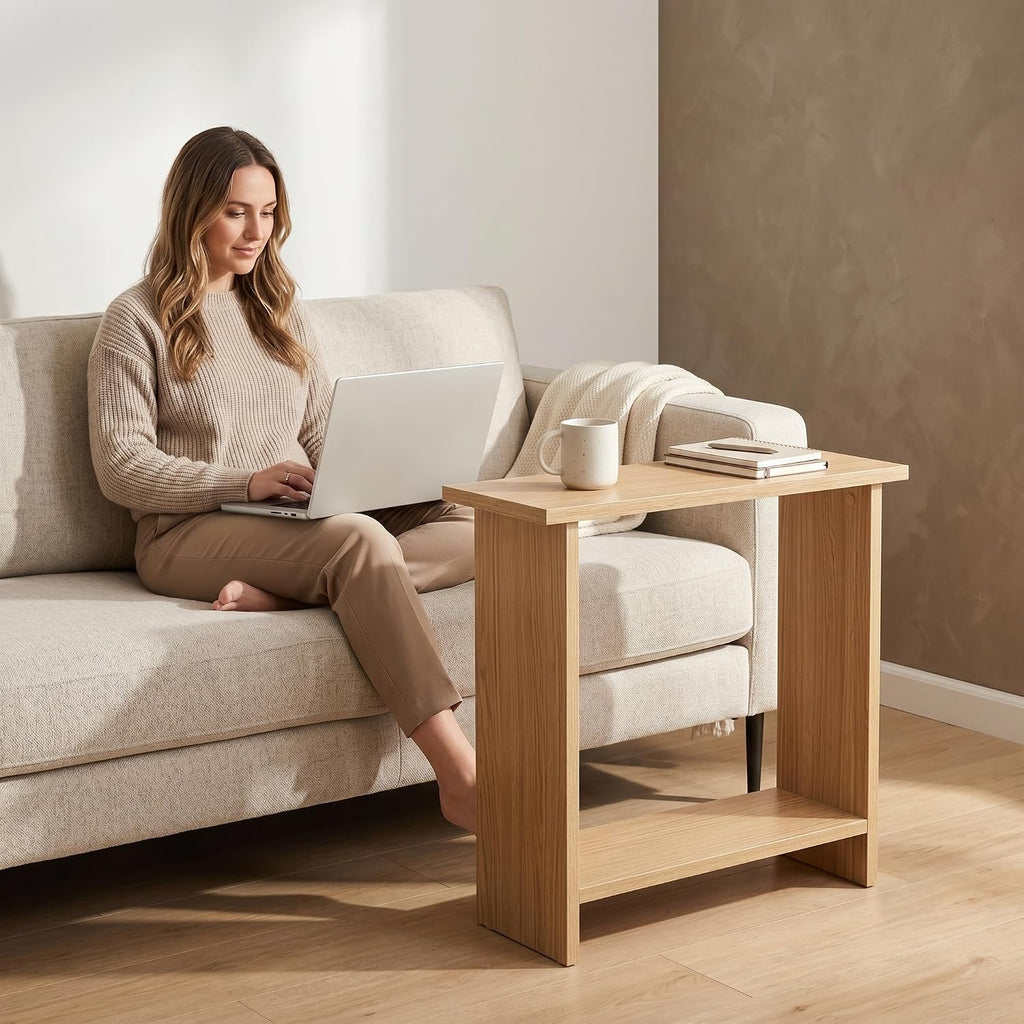 Narrow Side Table for Living Room, Slim End Table for Small Spaces Between Couch, Recliner or Armchair, 2 Tier Skinny Table with Open Shelf, Engineered Wood Sofa Beverage Thin Stand (Natural)