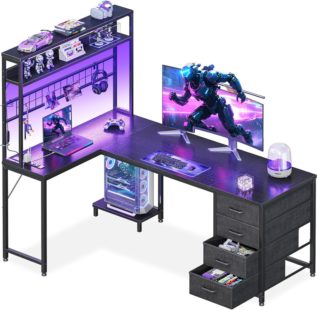 AODK L Shaped Gaming Desk with 4 Drawers, 59" Reversible Computer Desk with Hutch and Shelves, Gamer Desk with LED Lights, Power Outlets, Home Office Corner Desk with Gird Pegboard, Black