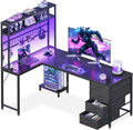 AODK L Shaped Gaming Desk with 4 Drawers, 59" Reversible Computer Desk with Hutch and Shelves, Gamer Desk with LED Lights, Power Outlets, Home Office Corner Desk with Gird Pegboard, Black