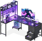 AODK L Shaped Gaming Desk with 4 Drawers, 59" Reversible Computer Desk with Hutch and Shelves, Gamer Desk with LED Lights, Power Outlets, Home Office Corner Desk with Gird Pegboard, Black