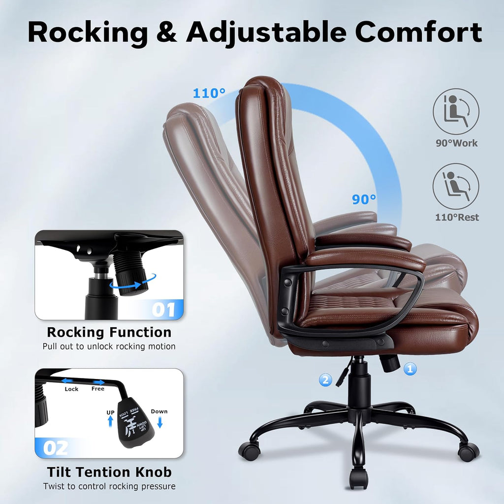 Office Chair, High Back Ergonomic Home Office Desk Chairs with Lumbar Support, Adjustable Big and Tall Computer Chair, 360° Swivel, PU Leather, Brown