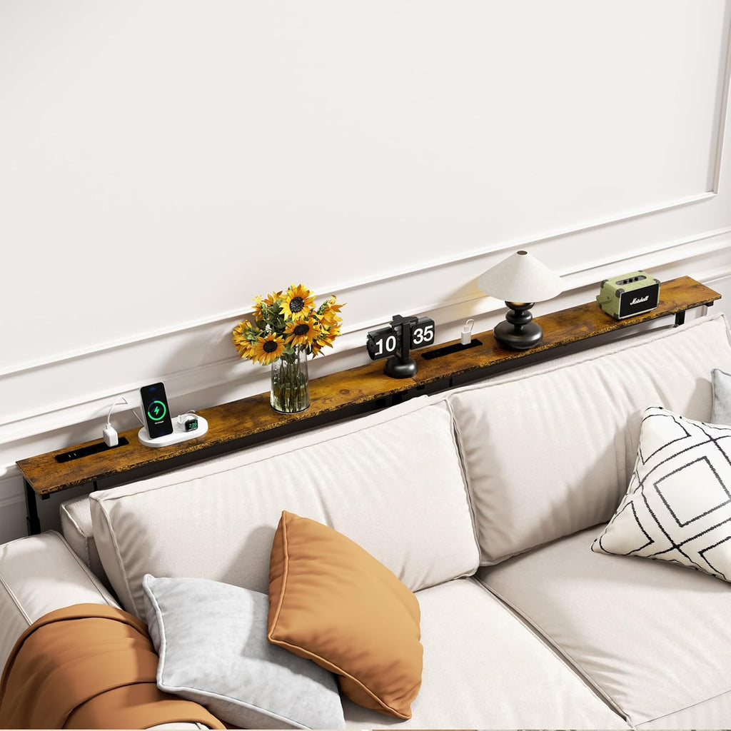 GRLEAF 2 Pack Adjustable Height Narrow Console Table with Power Outlets, 90" Long Sofa Table with Charging Station Behind Couch Table Entryway Table for Living Room and Hallway – Rustic Brown
