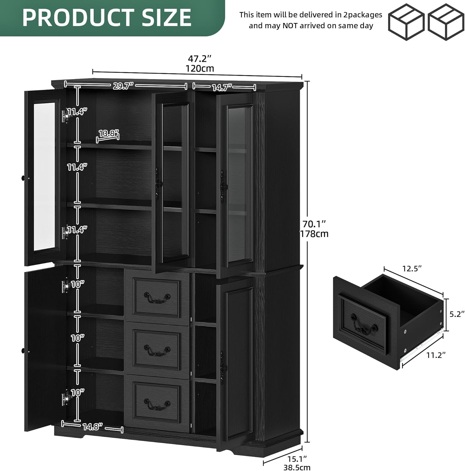 YITAHOME 71" H x 47" W Kitchen Pantry with 3 Drawers, Large Storage Cabinet with 3 Glass Doors & Adjustable Shelves, Freestanding Tall Display China Cabinet for Living & Dining Room, Black