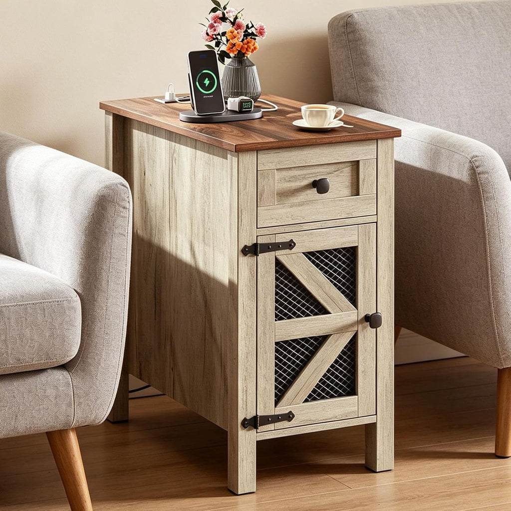 HAIOOU Farmhouse End Table with Charging Station, Narrow Side Tables with Storage Cabinet and Drawer, Wood Nightstand with Power Outlets & USB Ports for Bedroom, Living Room(Grey and Brown)