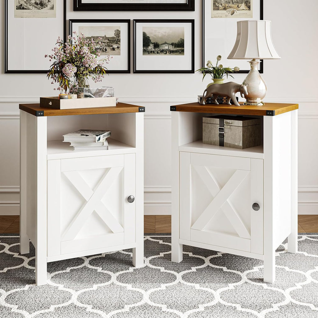 Farmhouse End Table Set of 2, Rustic Vintage End Side Table with Barn Door and Storage Shelf, White Wood Night Satnd for Bedroom, Living Room,White