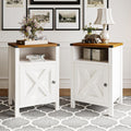 Farmhouse End Table Set of 2, Rustic Vintage End Side Table with Barn Door and Storage Shelf, White Wood Night Satnd for Bedroom, Living Room,White