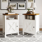 Farmhouse End Table Set of 2, Rustic Vintage End Side Table with Barn Door and Storage Shelf, White Wood Night Satnd for Bedroom, Living Room,White