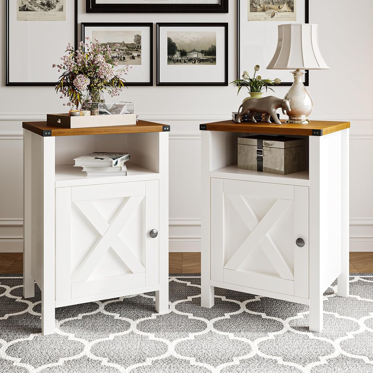 Farmhouse End Table Set of 2, Rustic Vintage End Side Table with Barn Door and Storage Shelf, White Wood Night Satnd for Bedroom, Living Room,White