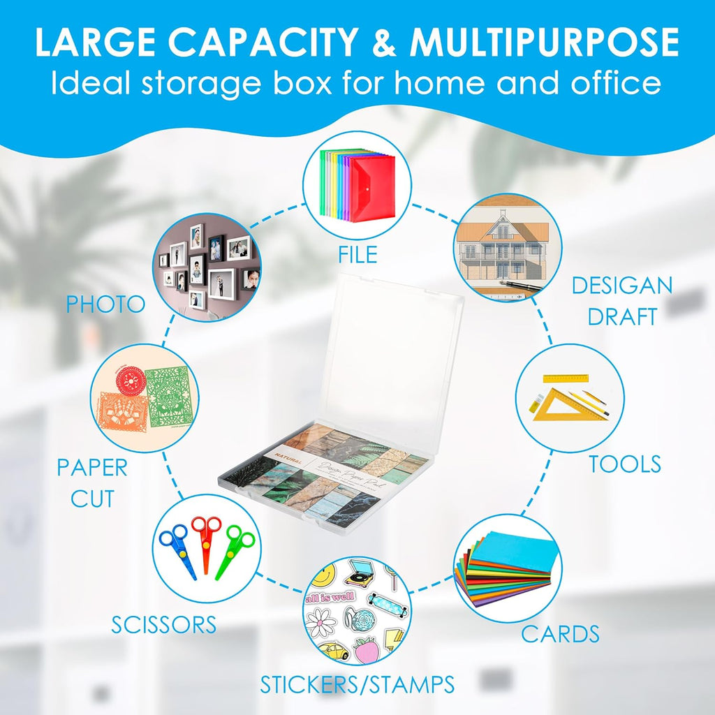 Scrapbook Paper Box Set 6 Pack, 12x12 Scrapbook Organizer with U-Shaped Lock, Stackable Clear Plastic Craft File Organizer for Cardstock and Scrapbooking Supplies