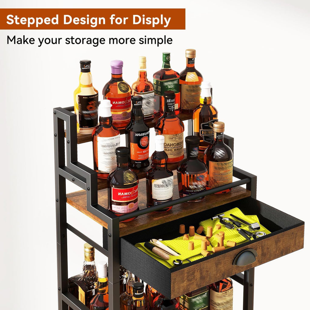IBUYKE Stepped Wine Rack Freestanding Floor,Bar Cabinet,Brown TMJ915H | Wine Bottle Display Liquor Bottle Holder with Drawer for Whiskey for Home Living Room Dining