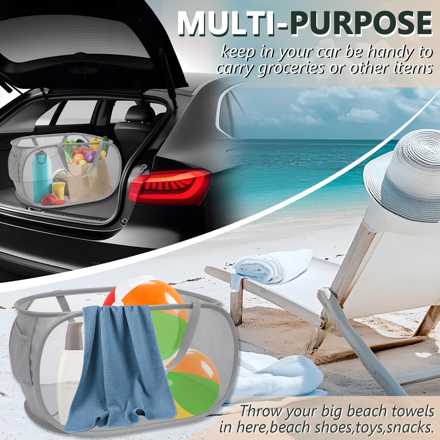 Pop Up Laundry Hamper,Collapsible Horizontal Baskets with Handles & Side Pocket,Foldable Sturdy mesh for Laundry Room,Bathroom,Kids Room,College Dorm or Travel (Double Grey)