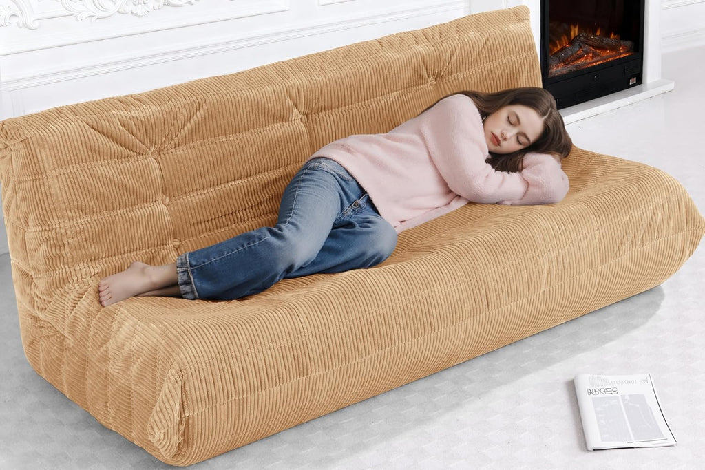 Bean Bag Chair,Giant Beanbag Chairs for Adults,Comfy Large Fireside Chair Lazy Sofa,Corduroy Bean Bag Lounger with Memory Foam Filled,Floor Sofa Couch for Home,Living Room (Khaki, 3-Seater)