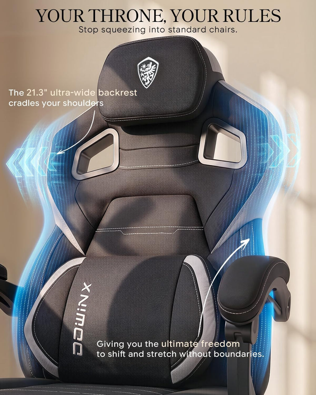 Dowinx Big and Tall Gaming Chair with Footrest, Black | Breathable woven fabric with lumbar support and extra-wide seat back; big-and-tall frame fits larger, heavier users.